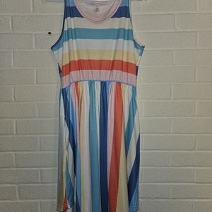 Shirley and Stone Rainbow Striped Tank Sun Midi Dress With Pockets New